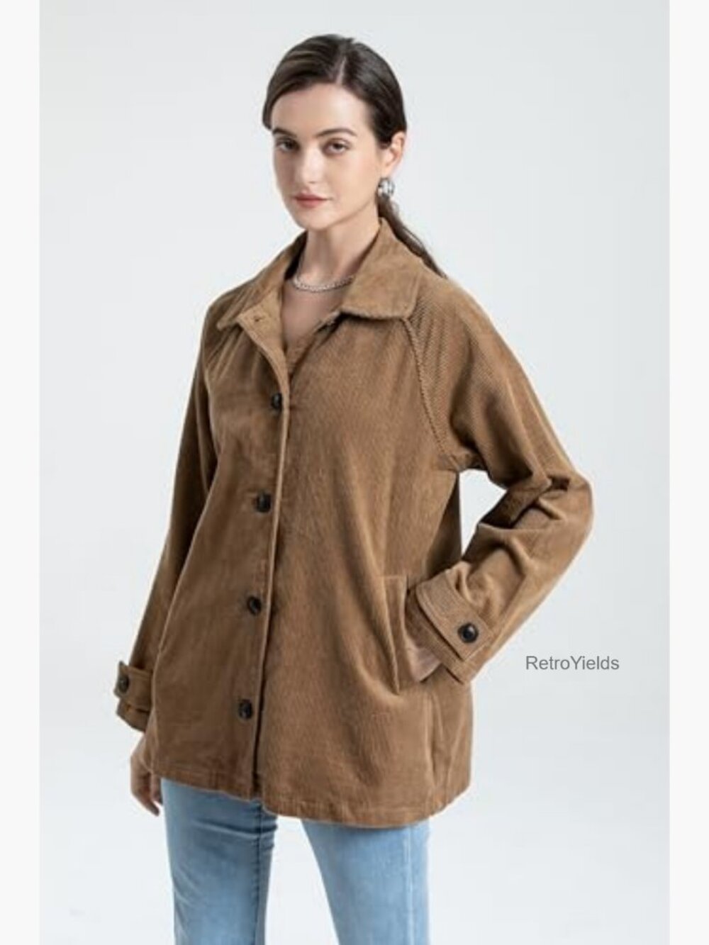 Women's Corduroy Button Down Coat Jacket With Pockets - Picture 4 of 7